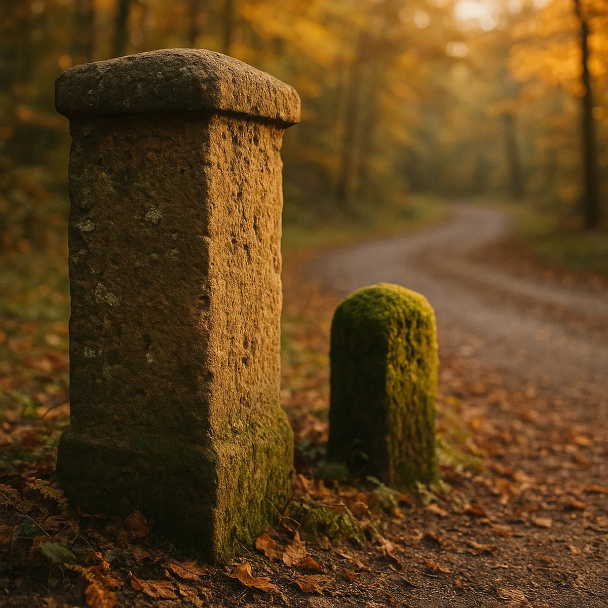 Alter Steinpfosten und moosbewachsener Meilenstein an einem Waldweg