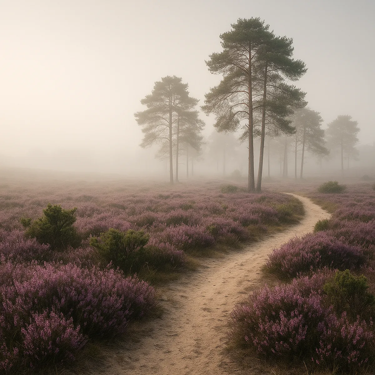 Heide und Kiefern der Senne im Morgennebel