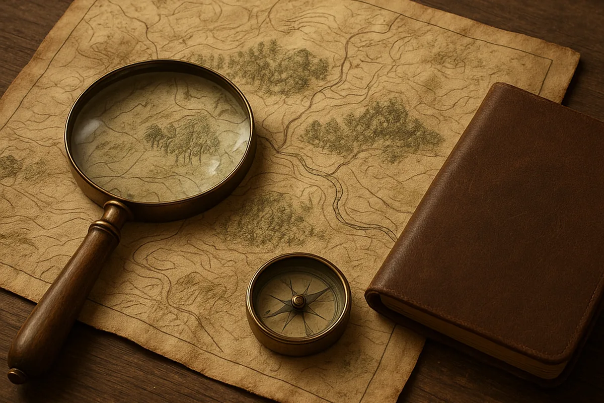 Historische Regionalkarte mit Lupe und Kompass auf einem Holztisch